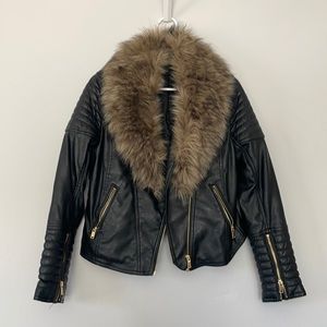 h&m faux black leather jacket with detachable faux fur collar